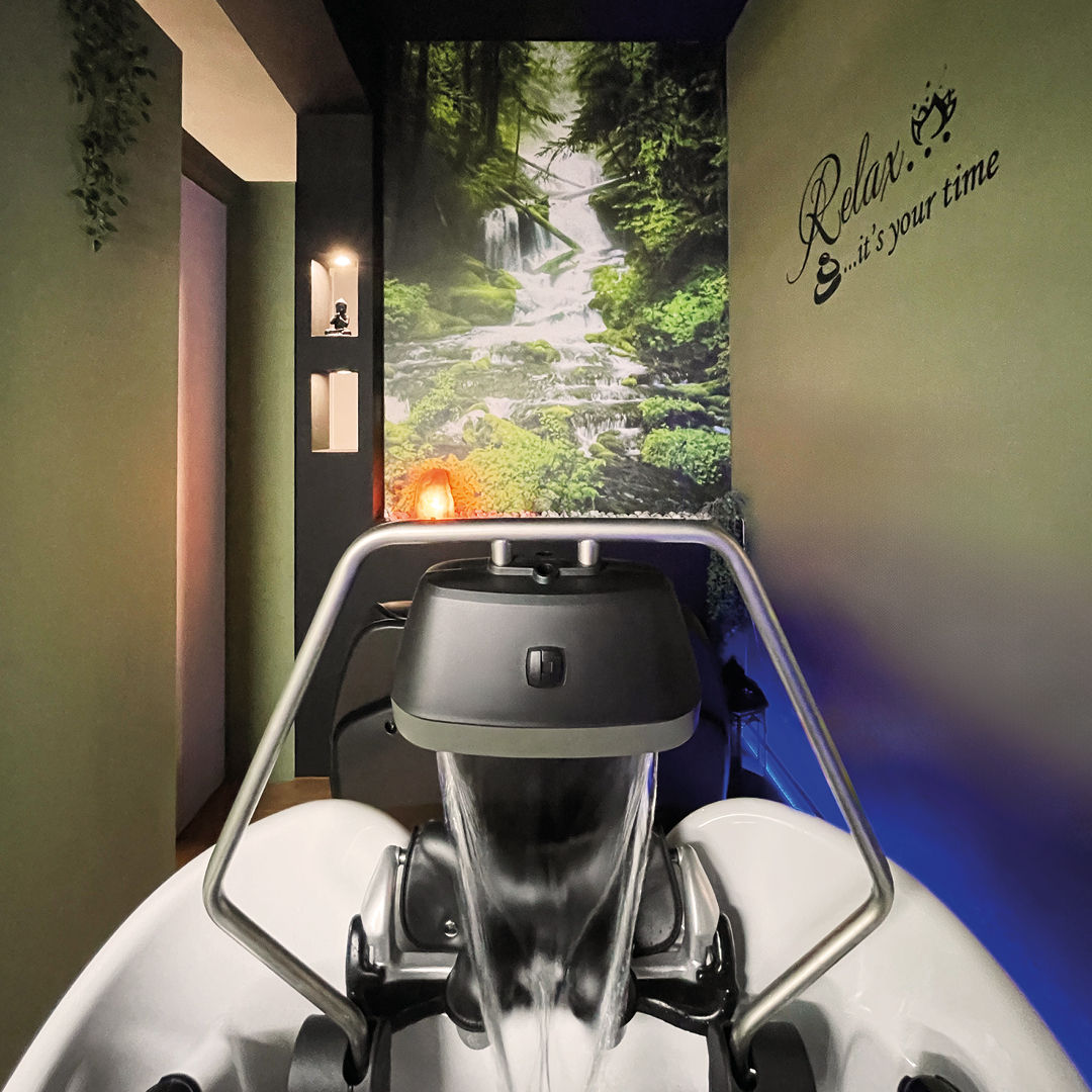 Immagine postazione area Spa. Visuale dell'itera stanza. Colori sul verde ed elementi decorativi naturali 